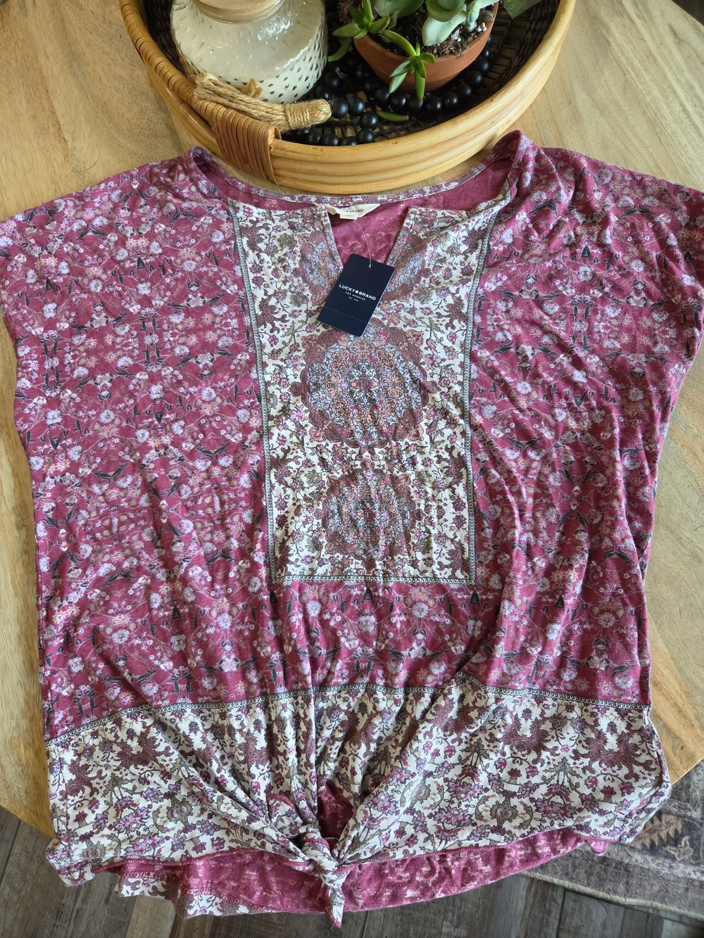 Lucky Brand Pink Floral Mixed-Print Tie-Front Tunic